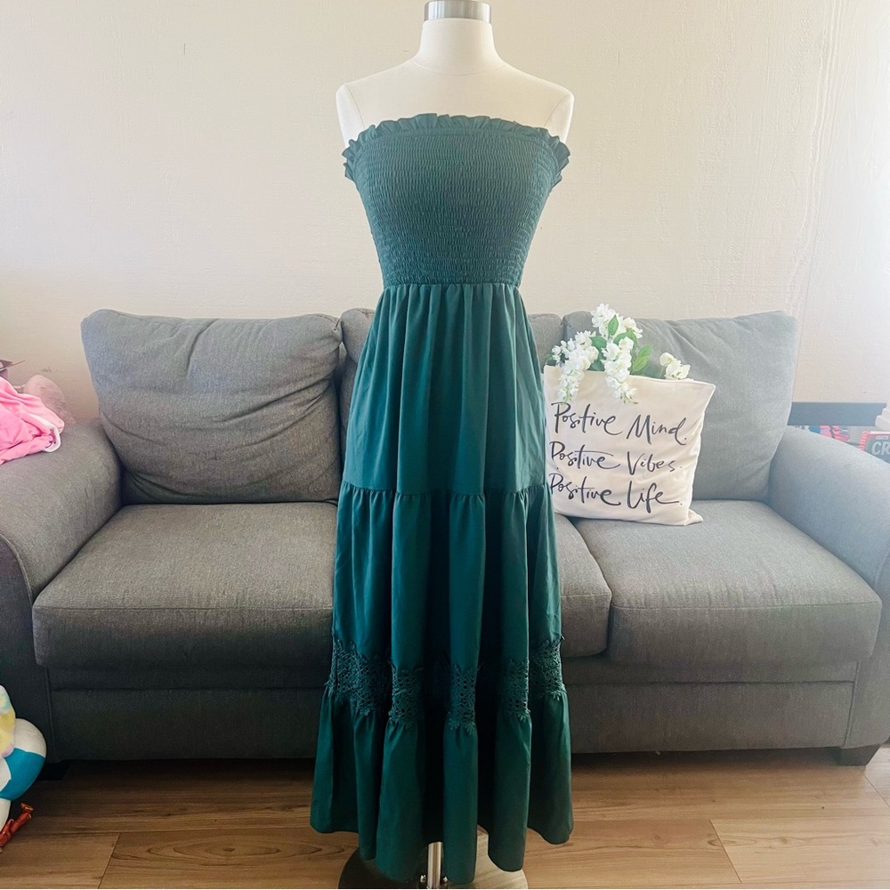 Green Strapless Ruffle Midi Dress